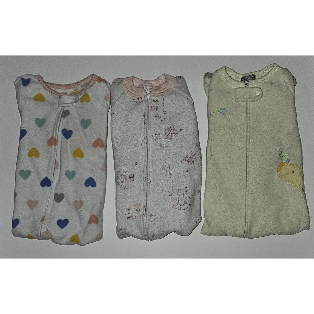 3 Carter's Fleece Footie Pajamas Lot Baby Girl 18 Months Fairy Hearts Giraffe